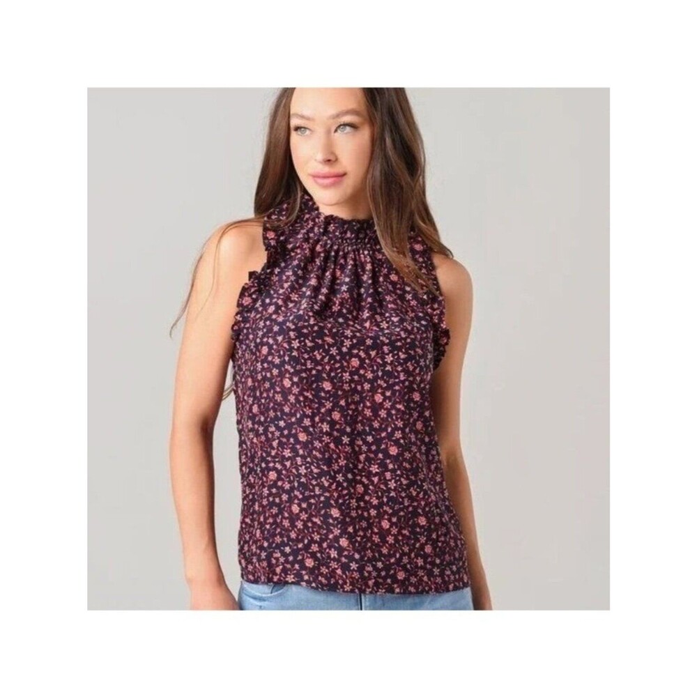 Frame Small Navy Pink Floral Sleeveless Flounce Top Silk